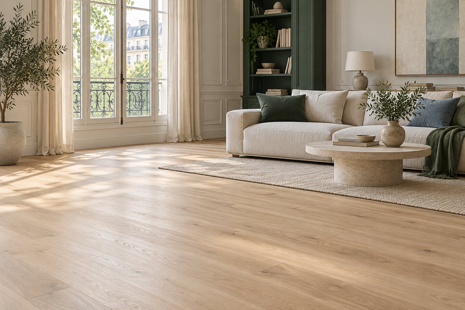 Light oak flooring in a sunlit living room